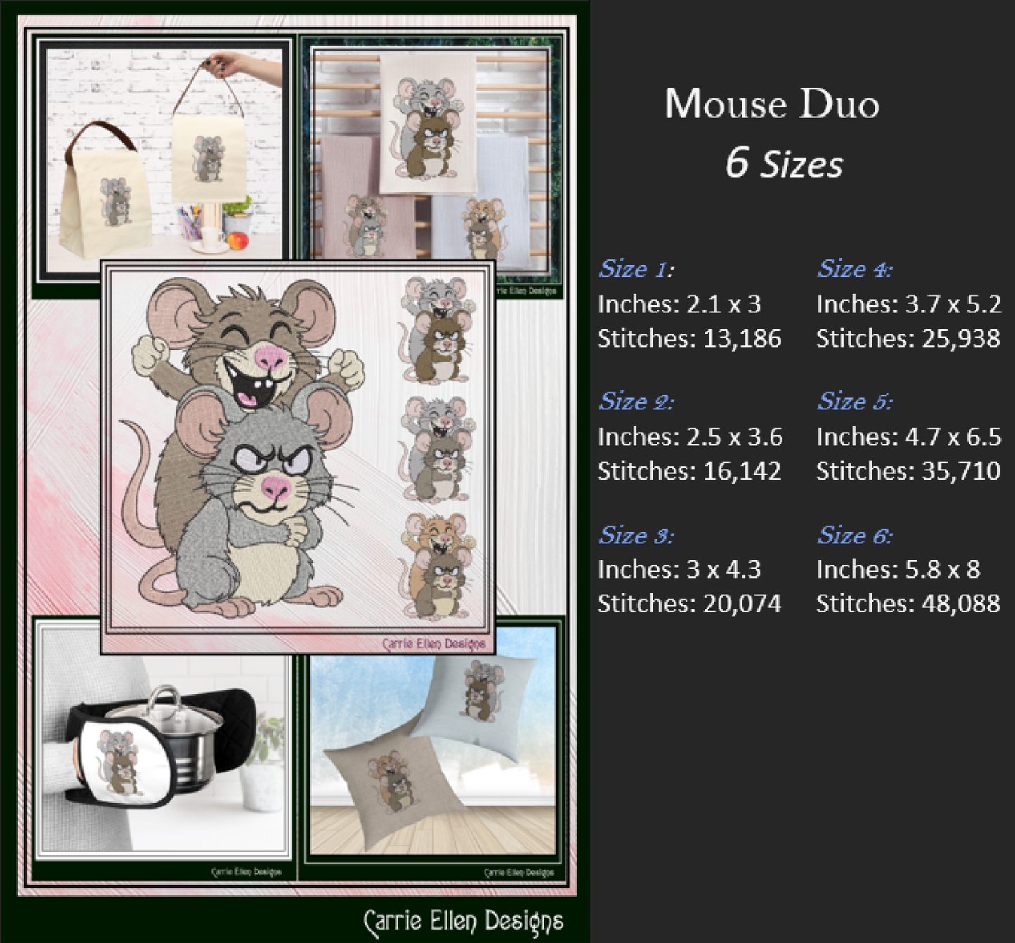 Funny Sarcastic Mouse Duo Machine Embroidery Design | Attitude Cartoon Mice Stitch File, 6 Sizes (3853)