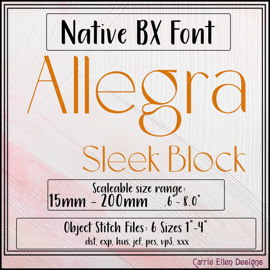 Allegra BX Fonts and Lettering Stitch Files, Sleek Block Style Alphabet Machine Embroidery (3855)