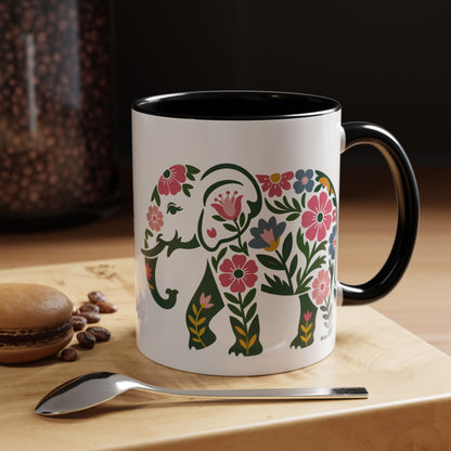 Floral Elephant Accent Coffee Mug | Boho Elephant Ceramic Mug | 11oz & 15oz Color Accent Mug (4271)