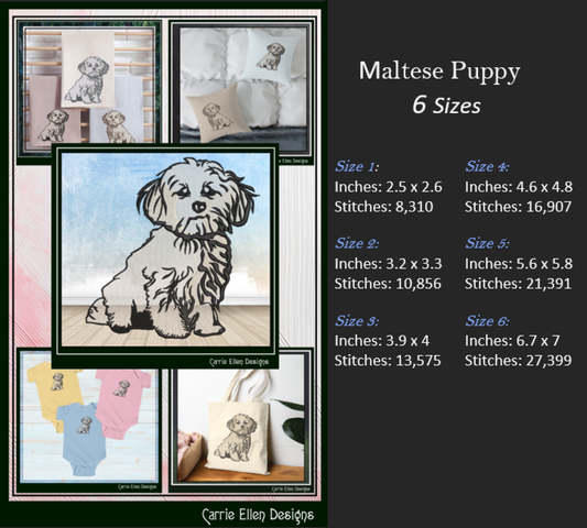 Maltese Puppy Machine Embroidery Design | Cute Dog Embroidery Pattern, 6 Sizes (3931)