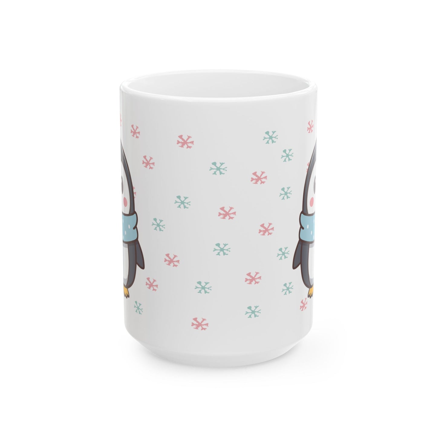 Gray Penguin with Colorful Snowflakes Ceramic Mug | Cute Winter Coffee Cup | Holiday Penguin Gift | 11oz & 15oz