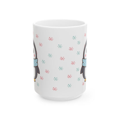 Gray Penguin with Colorful Snowflakes Ceramic Mug | Cute Winter Coffee Cup | Holiday Penguin Gift | 11oz & 15oz