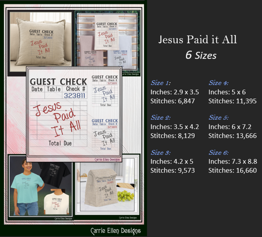 Jesus Paid It All Machine Embroidery Design | Faith Quote Guest Check Stitch File, 6 Sizes (3988)