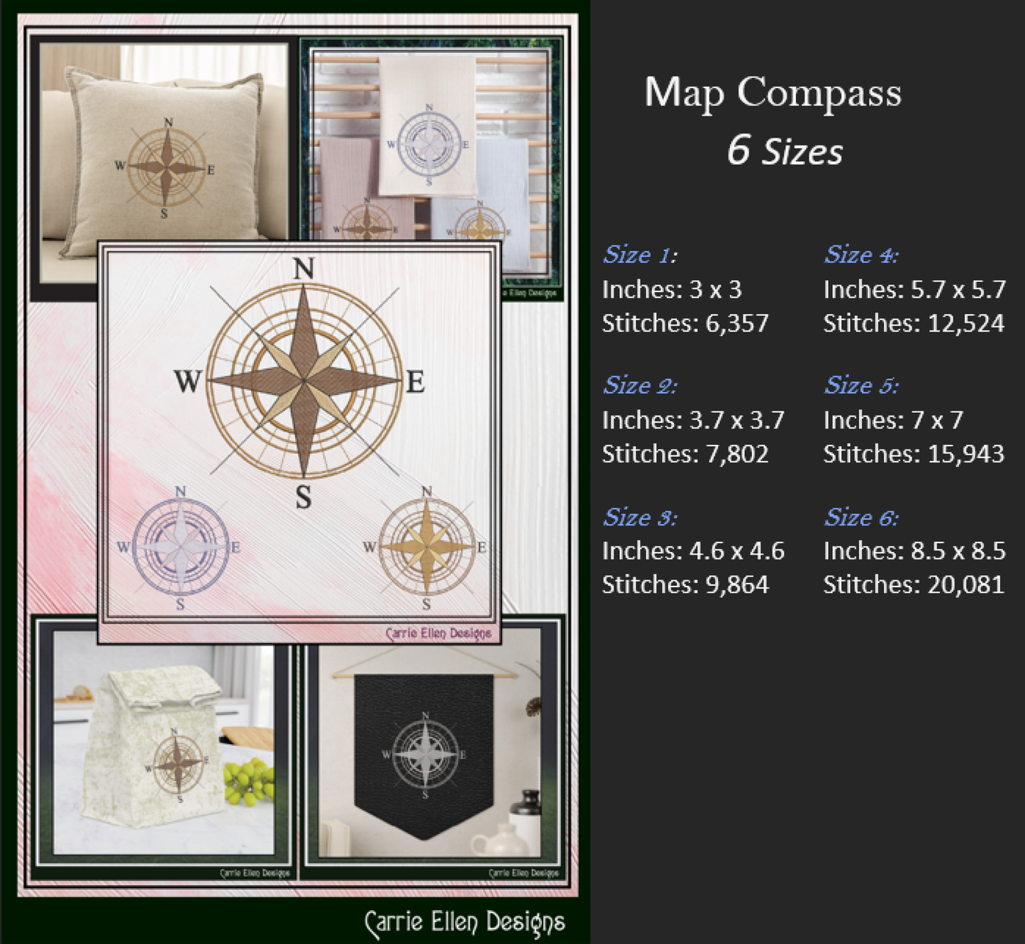 Compass Rose Machine Embroidery Design | Nautical Map Compass Stitch File, 6 Sizes (3993)