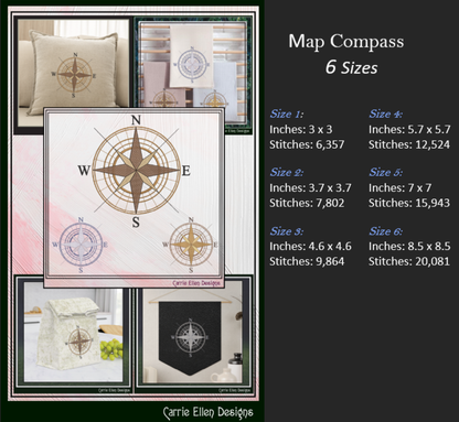 Compass Rose Machine Embroidery Design | Nautical Map Compass Stitch File, 6 Sizes (3993)
