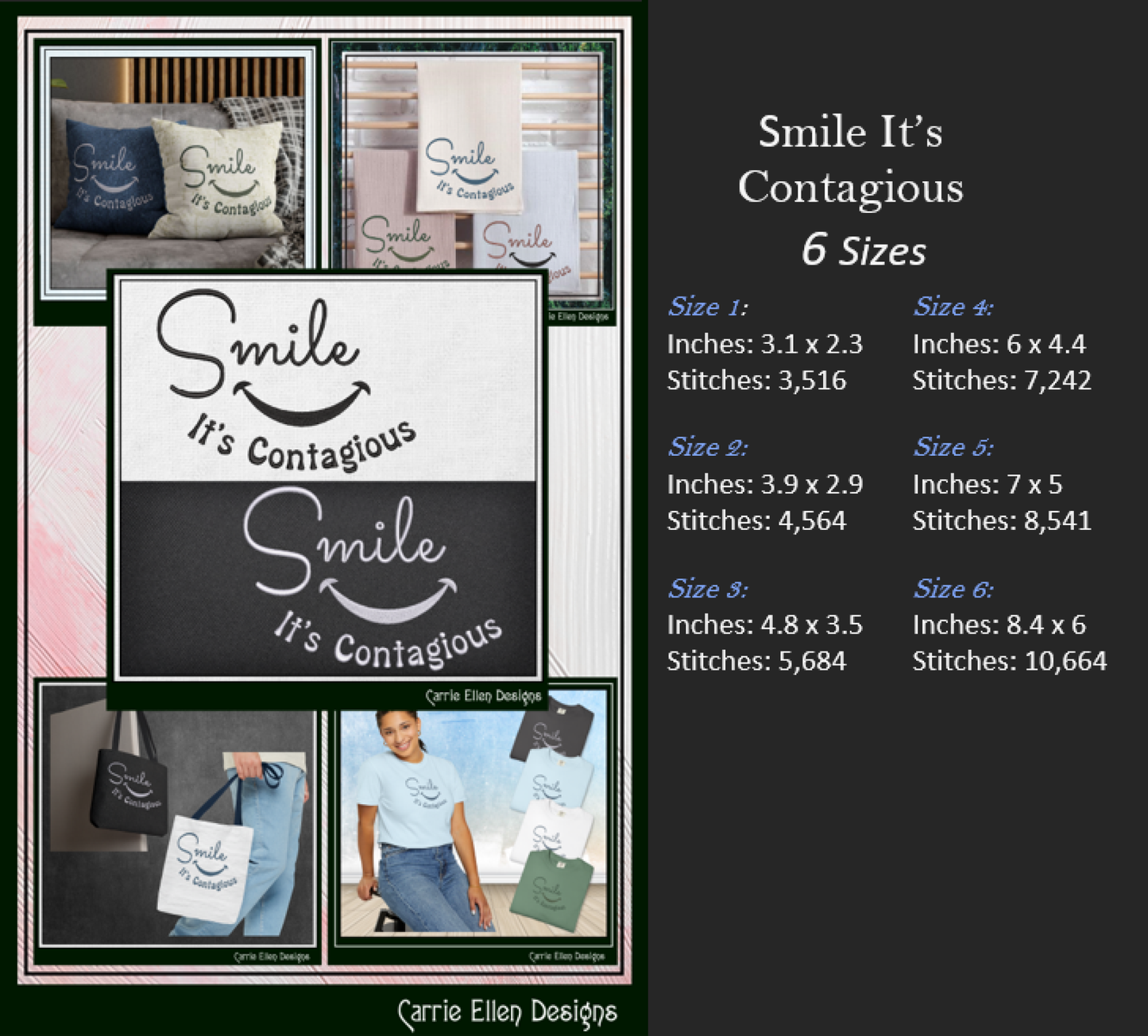 Smile It’s Contagious Machine Embroidery Design | Inspirational Quote Stitch File, 6 Sizes (3995)