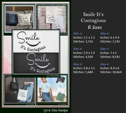 Smile It’s Contagious Machine Embroidery Design | Inspirational Quote Stitch File, 6 Sizes (3995)