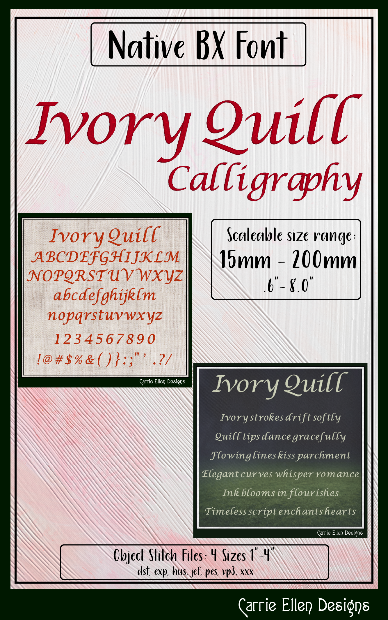 Ivory Quill Calligraphy BX Font & Lettering Stitch Files |Native Embrilliance Machine Embroidery Font (3996)