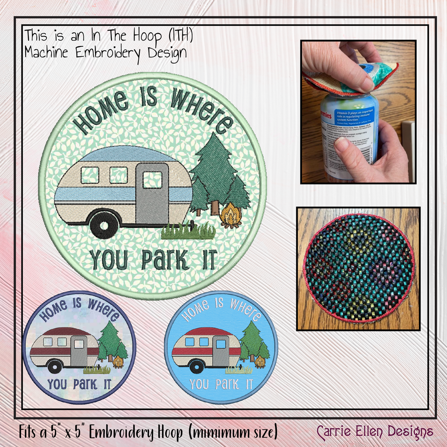 Camping Theme ITH Jar Opener Machine Embroidery Design | Home Is Where You Park It Lid Gripper (4010)