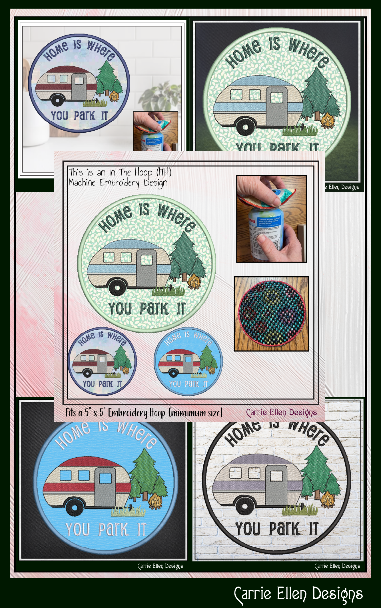 Camping Theme ITH Jar Opener Machine Embroidery Design | Home Is Where You Park It Lid Gripper (4010)