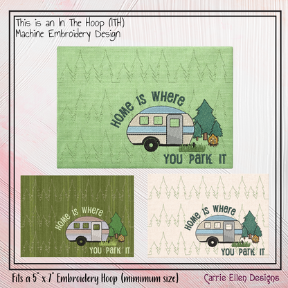 Camping Theme ITH Mug Rug Machine Embroidery Design | Home Is Where You Park In The Hoop Project (4011)