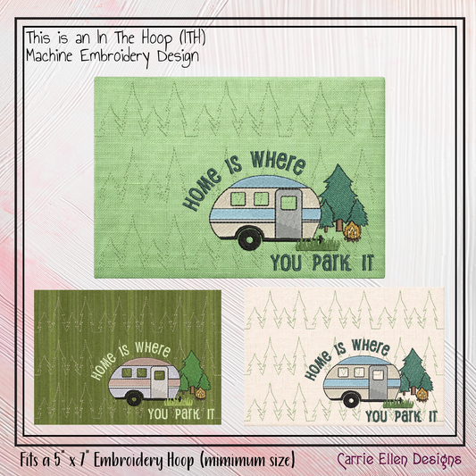 Camping Theme ITH Mug Rug Machine Embroidery Design | Home Is Where You Park In The Hoop Project (4011)