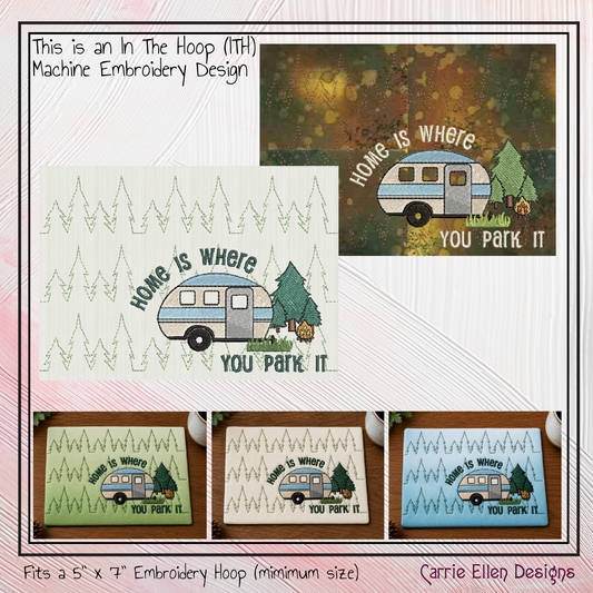 Camping Theme ITH Mug Rug Machine Embroidery Design | Home Is Where You Park In The Hoop Project (4011)