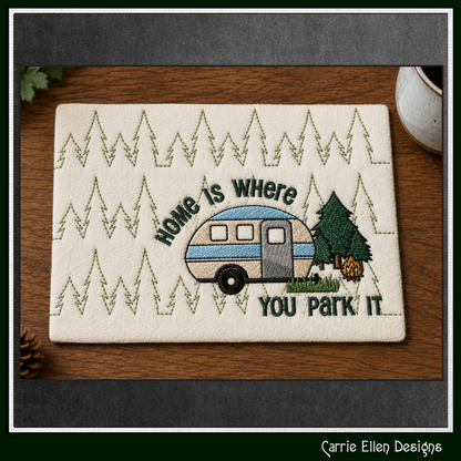 Camping Theme ITH Mug Rug Machine Embroidery Design | Home Is Where You Park In The Hoop Project (4011)