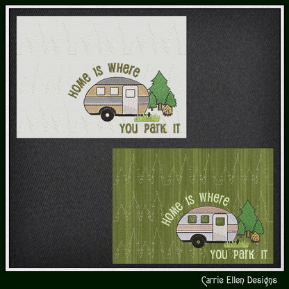 Camping Theme ITH Mug Rug Machine Embroidery Design | Home Is Where You Park In The Hoop Project (4011)