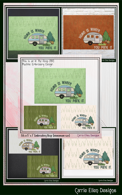 Camping Theme ITH Mug Rug Machine Embroidery Design | Home Is Where You Park In The Hoop Project (4011)