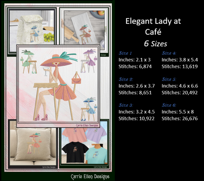 Elegant Lady at Café Machine Embroidery Design | Fashion Lady Embroidery Pattern | Chic Café Scene Stitch File, 6 Sizes, (4013)