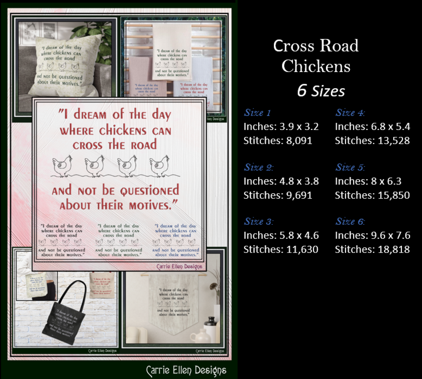 I Dream of the Day Chickens Cross the Road Machine Embroidery Design | Funny Chicken Quote Stitch File, 6 Sizes (4015)