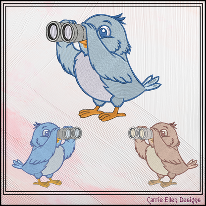 Bird with Binoculars Machine Embroidery Design | Funny Cartoon Bird Watching Stitch File, 6 Sizes (4019)