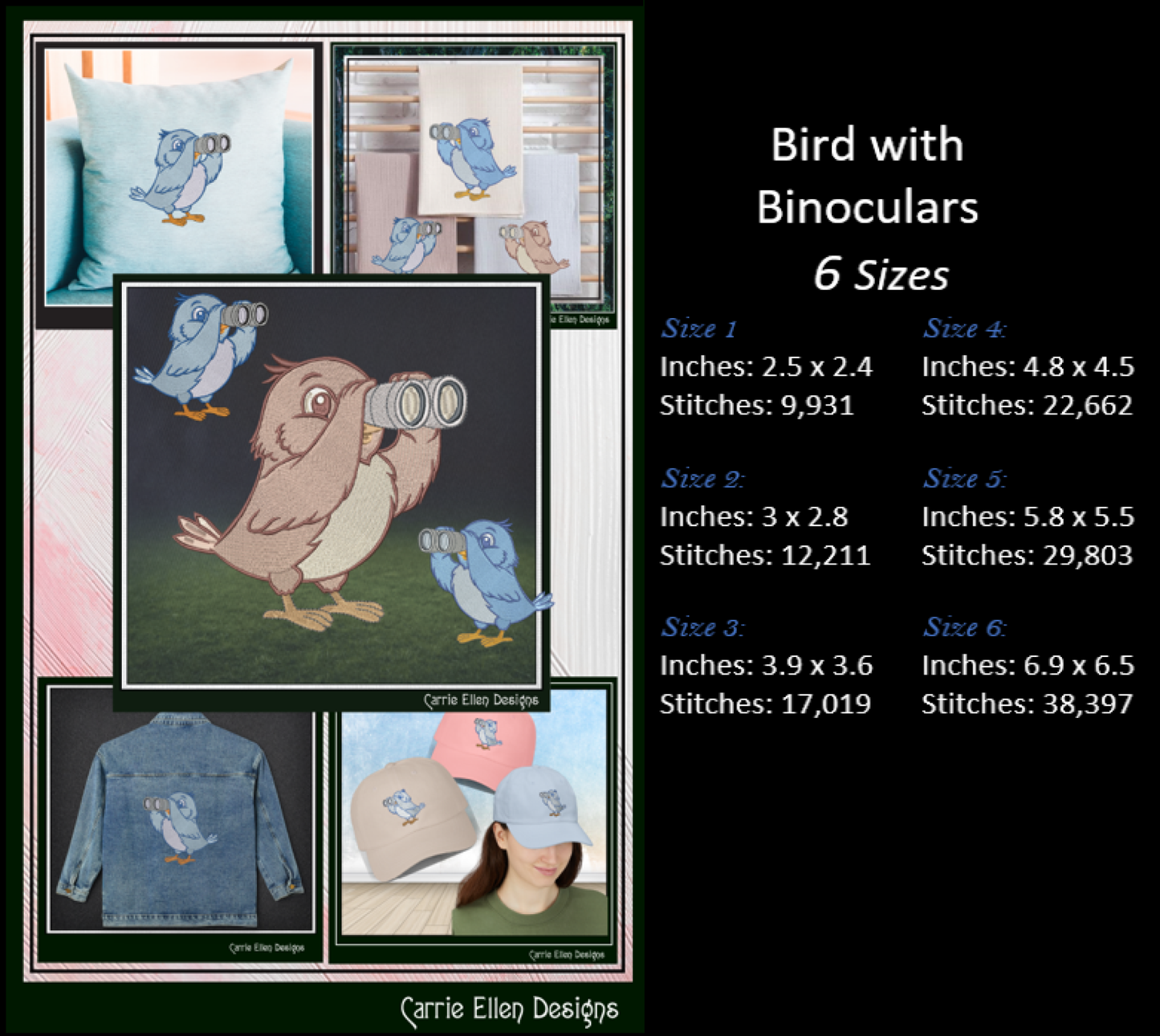Bird with Binoculars Machine Embroidery Design | Funny Cartoon Bird Watching Stitch File, 6 Sizes (4019)