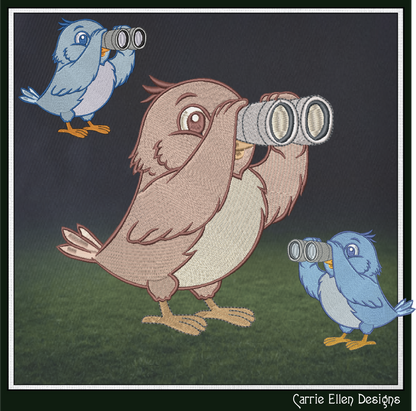Bird with Binoculars Machine Embroidery Design | Funny Cartoon Bird Watching Stitch File, 6 Sizes (4019)