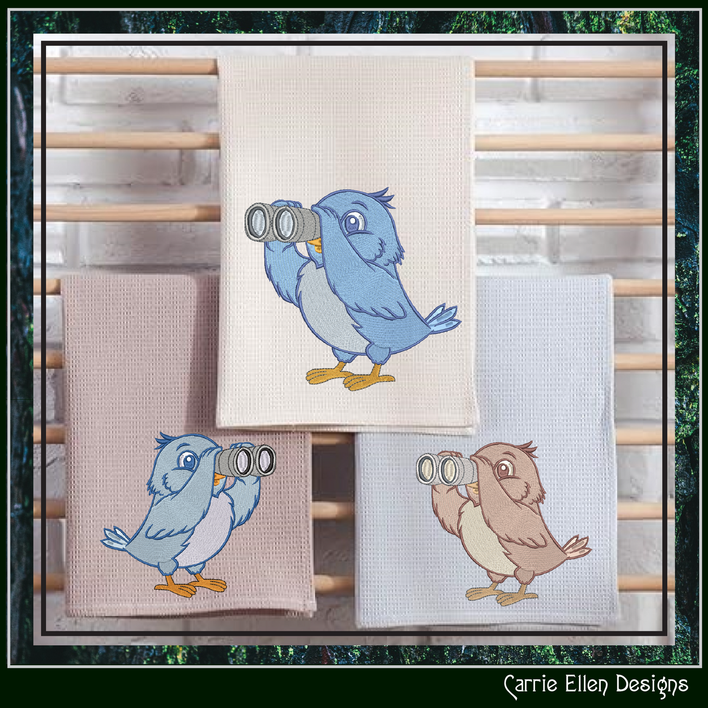 Bird with Binoculars Machine Embroidery Design | Funny Cartoon Bird Watching Stitch File, 6 Sizes (4019)