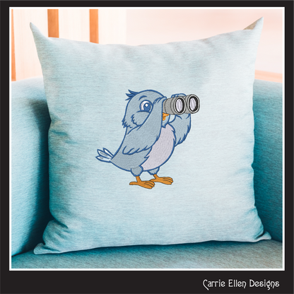 Bird with Binoculars Machine Embroidery Design | Funny Cartoon Bird Watching Stitch File, 6 Sizes (4019)