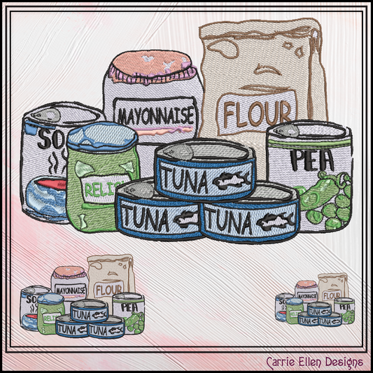 Pantry Items Machine Embroidery Design | Kitchen Food Cans Flour Mayonnaise Stitch File, 6 Sizes (4020)