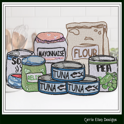 Pantry Items Machine Embroidery Design | Kitchen Food Cans Flour Mayonnaise Stitch File, 6 Sizes (4020)