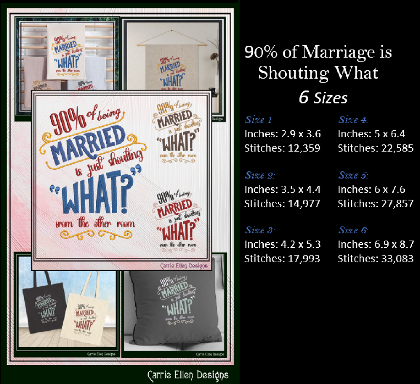 90% of Being Married Is Just Shouting “What?” Machine Embroidery Design | Funny Marriage Quote Stitch File, 6 Sizes (4027)