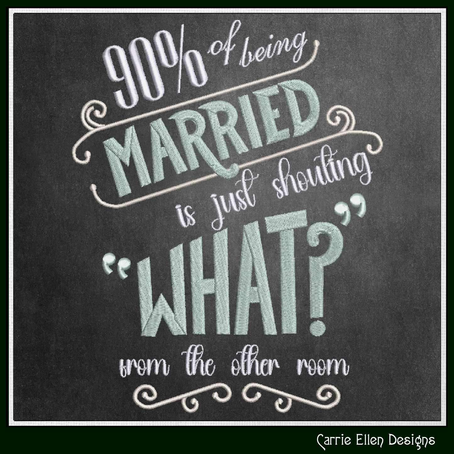 90% of Being Married Is Just Shouting “What?” Machine Embroidery Design | Funny Marriage Quote Stitch File, 6 Sizes (4027)