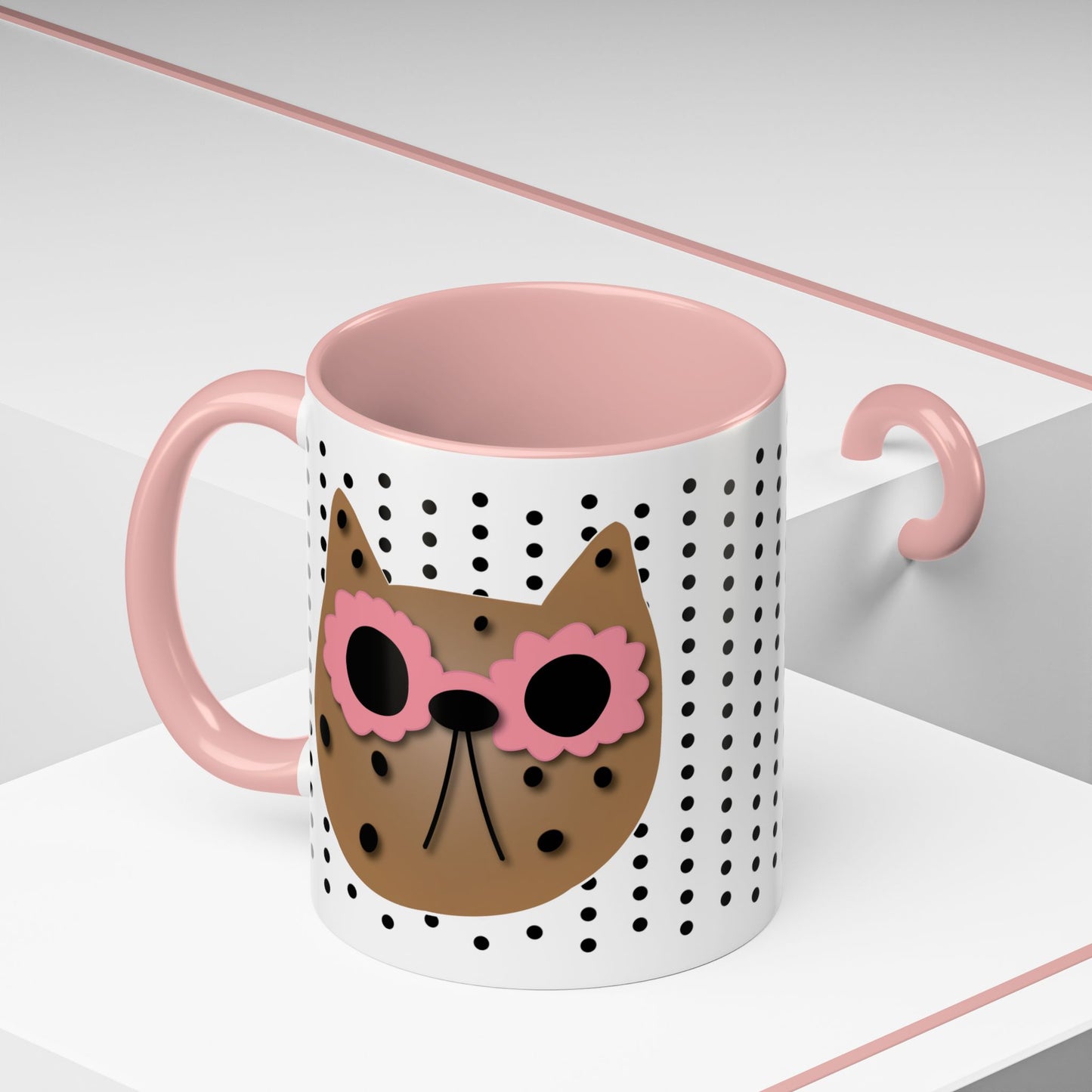 Spotted Cat Mug with Pink Sunglasses Accent Coffee Cup | 11oz 15oz (3812)