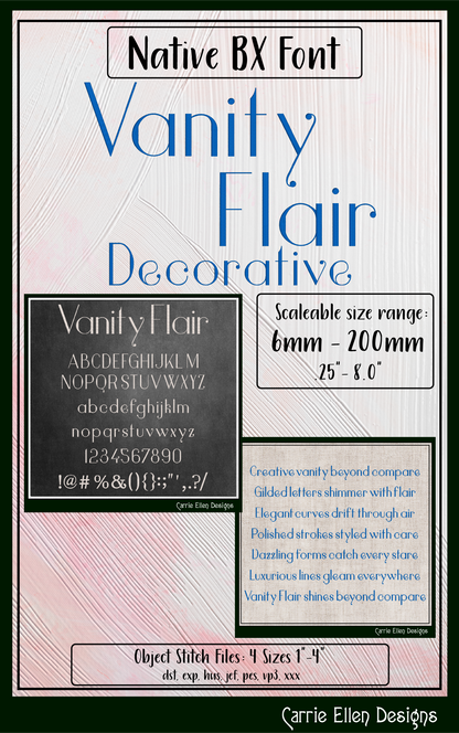 Vanity Flair Decorative BX Font & Lettering Stitch Files |Native Embrilliance Machine Embroidery Font (4045)