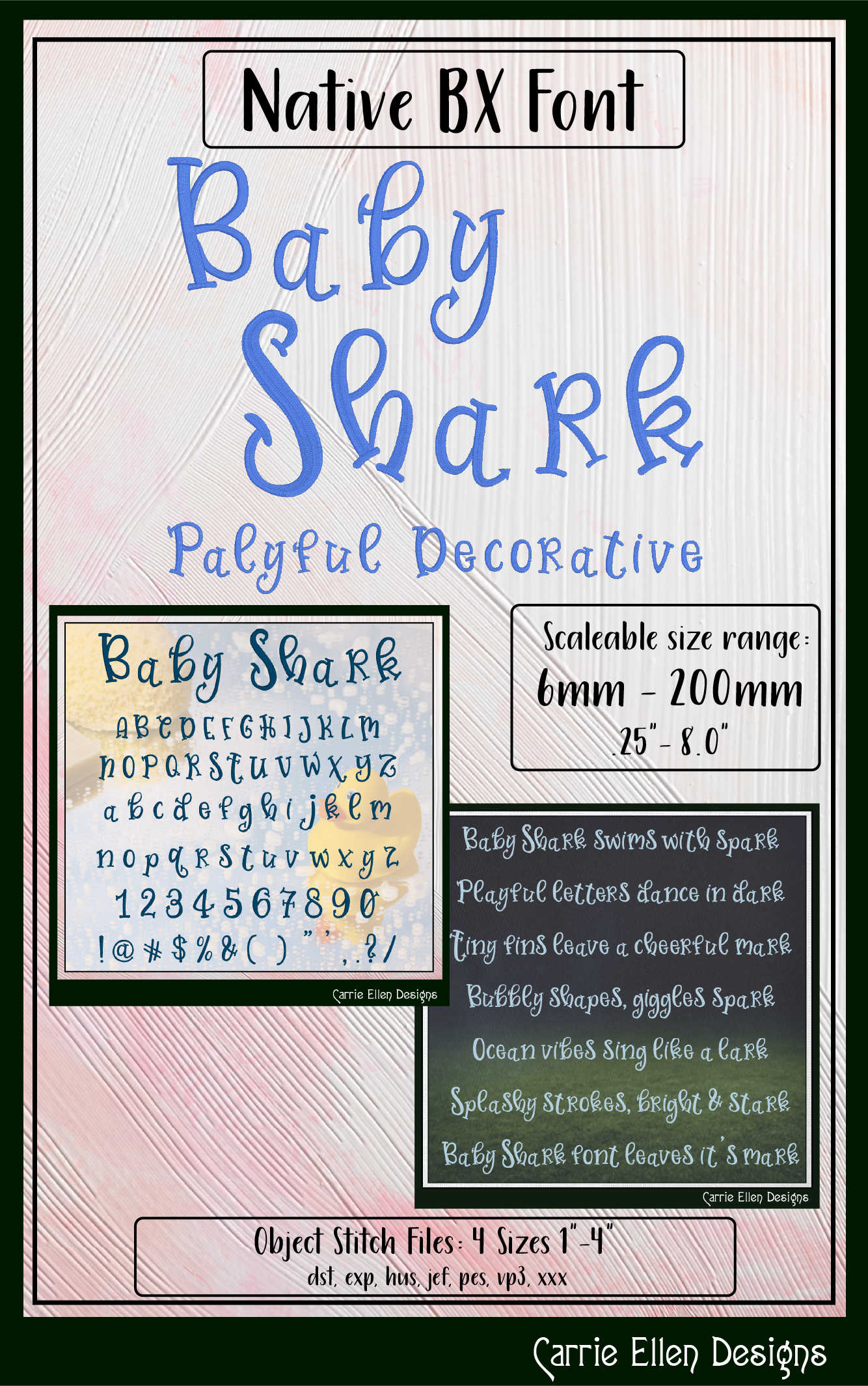 Baby Shark Playful Decorative BX Font & Lettering Stitch Files |Native Embrilliance Machine Embroidery Font (4048)
