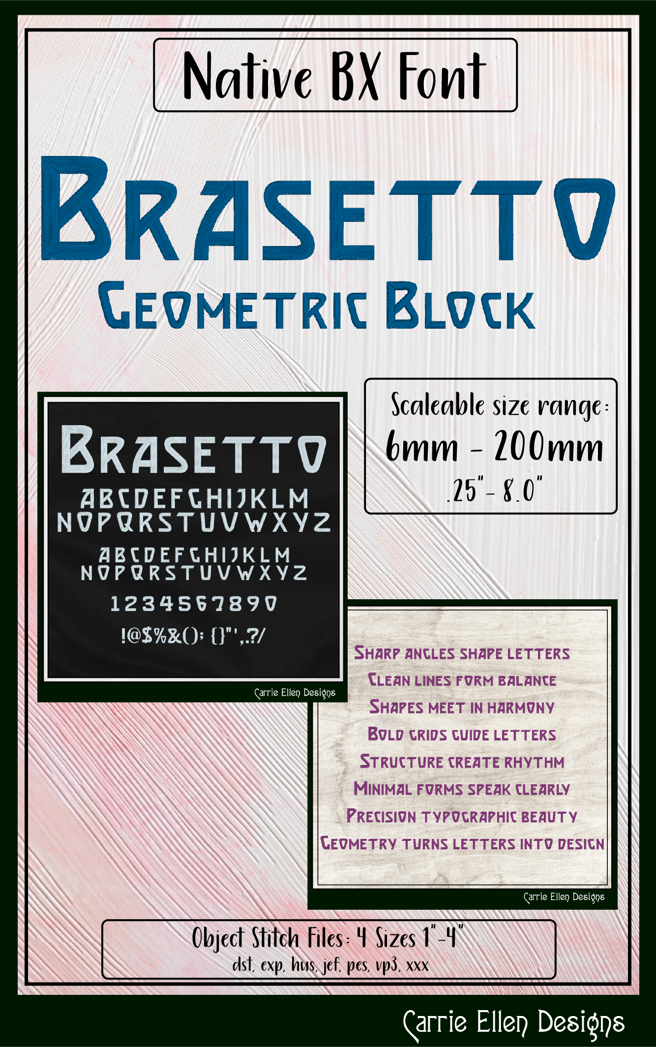 Brasetto Geometric Block BX Font & Lettering Stitch Files | Native Embrilliance Machine Embroidery Font (4052)