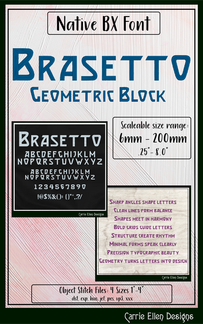 Brasetto Geometric Block BX Font & Lettering Stitch Files | Native Embrilliance Machine Embroidery Font (4052)