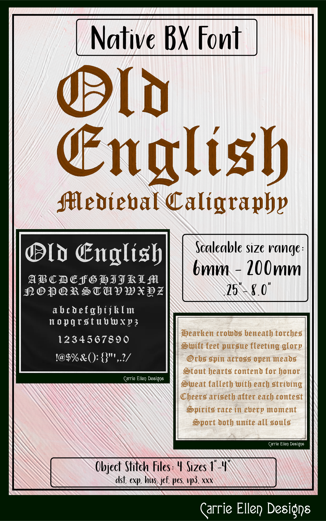 Old English Medieval Calligraphy BX Font & Lettering Stitch Files | Native Embrilliance Machine Embroidery Font (4056)