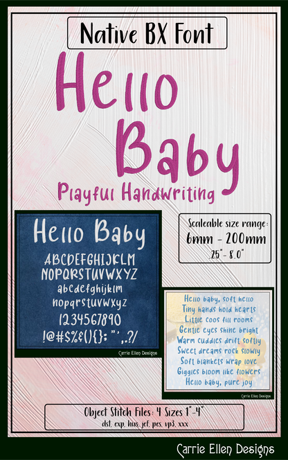 Hello Baby Playful Handwriting BX Font & Lettering Stitch Files | Native Embrilliance Machine Embroidery Font (4070)