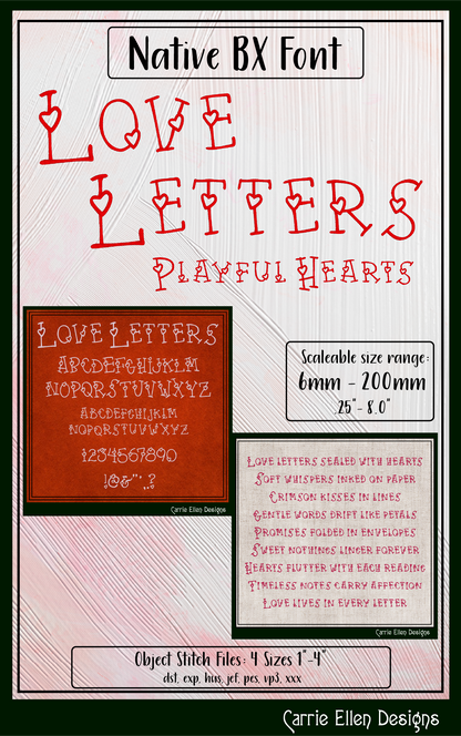 Love Letters Playful Hearts BX Font & Lettering Stitch Files | Native Embrilliance Machine Embroidery Font (4075)