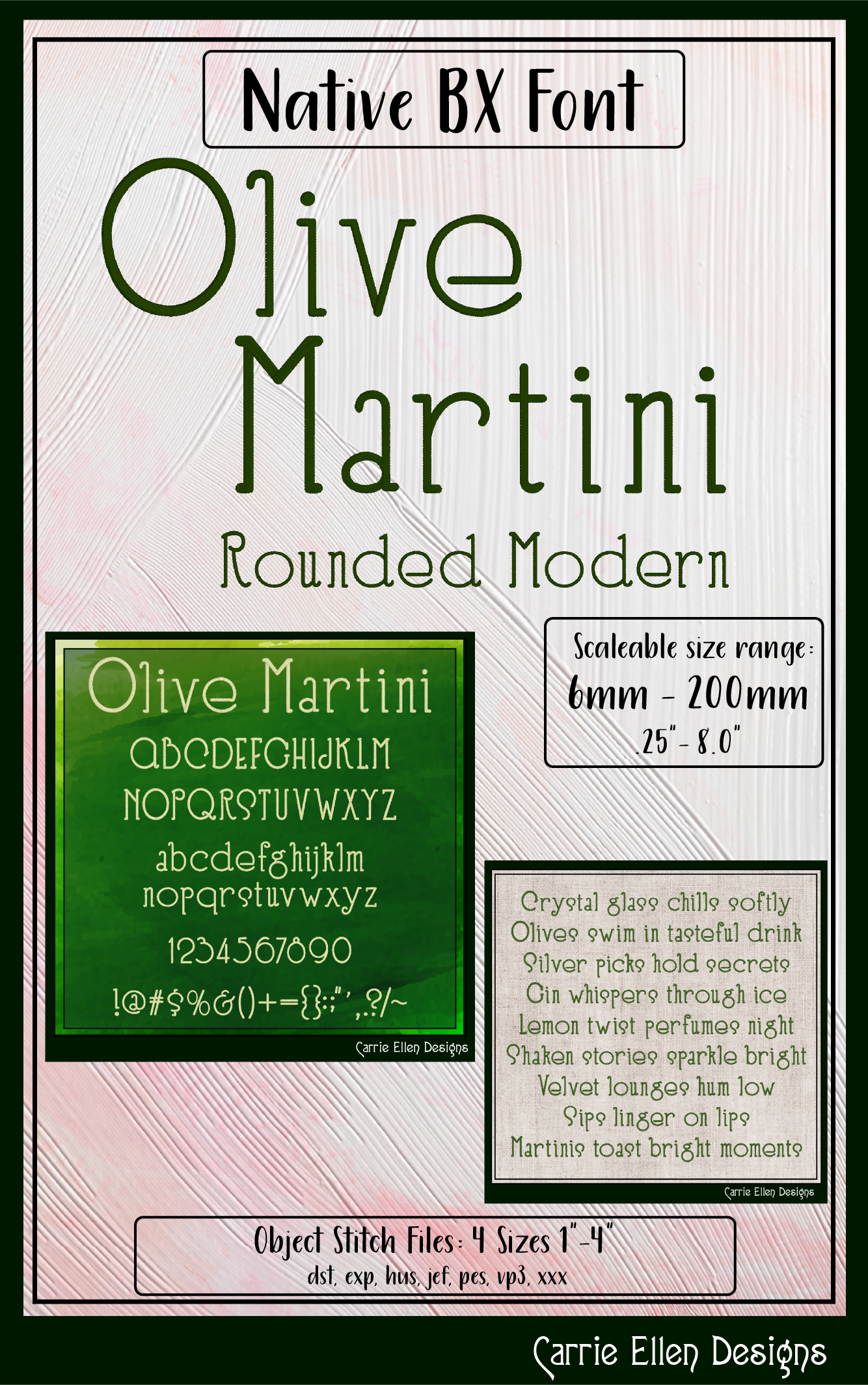 Olive Martini Rounded Modern BX Font & Lettering Stitch Files | Native Embrilliance Machine Embroidery Font (4076)