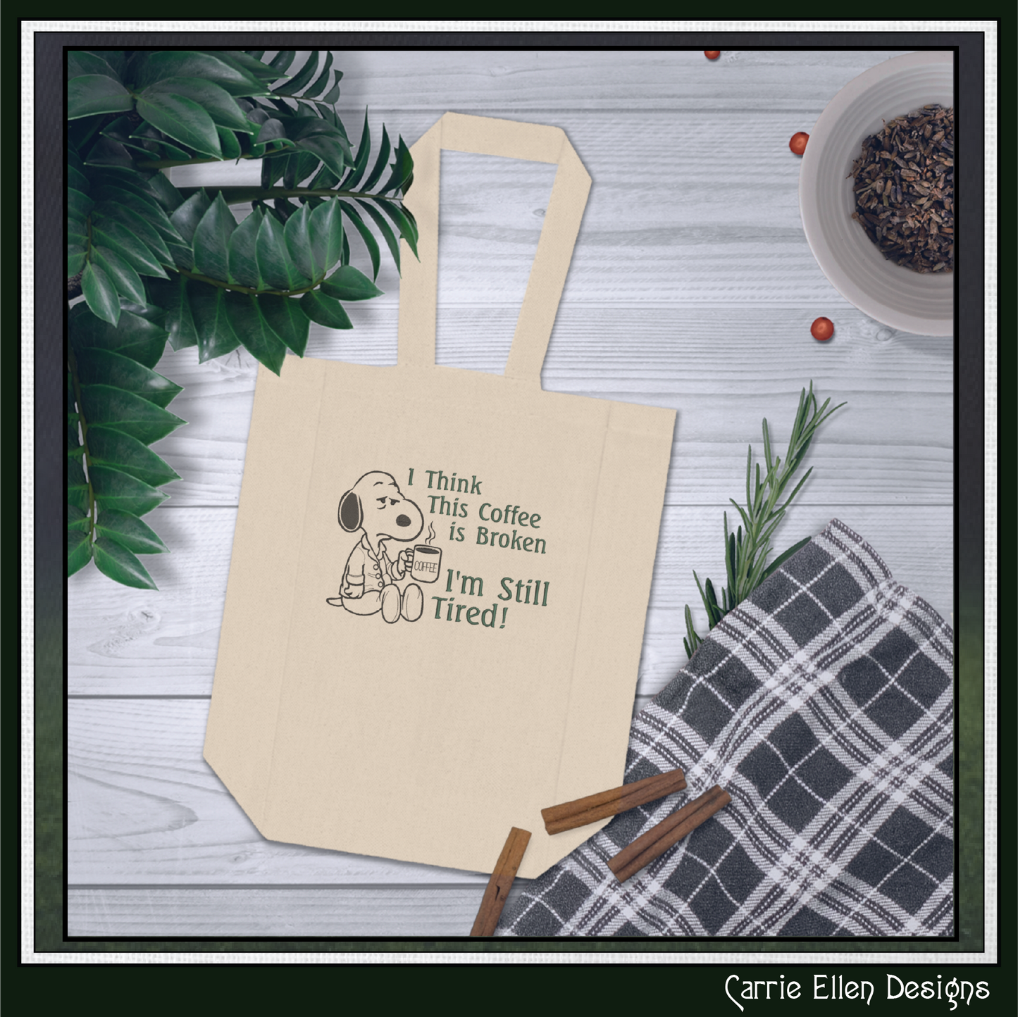 Start your day with a laugh using this I Think This Coffee Is Broken, I'm Still Tired Machine Embroidery Design. Featuring an exhausted beagle-inspired character holding a steaming cup of coffee, this humorous design perfectly captures the struggle of mornings before caffeine kicks in.

Perfect for coffee lovers, tired parents, office workers, night shift employees, and anyone who understands that sometimes one cup just isn't enough. This fun embroidery design stitches beautifully on shirts, sweatshirts, to