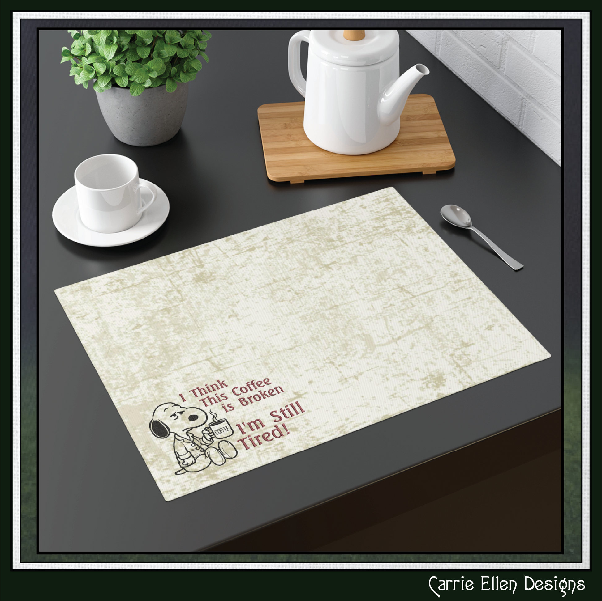 Start your day with a laugh using this I Think This Coffee Is Broken, I'm Still Tired Machine Embroidery Design. Featuring an exhausted beagle-inspired character holding a steaming cup of coffee, this humorous design perfectly captures the struggle of mornings before caffeine kicks in.

Perfect for coffee lovers, tired parents, office workers, night shift employees, and anyone who understands that sometimes one cup just isn't enough. This fun embroidery design stitches beautifully on shirts, sweatshirts, to