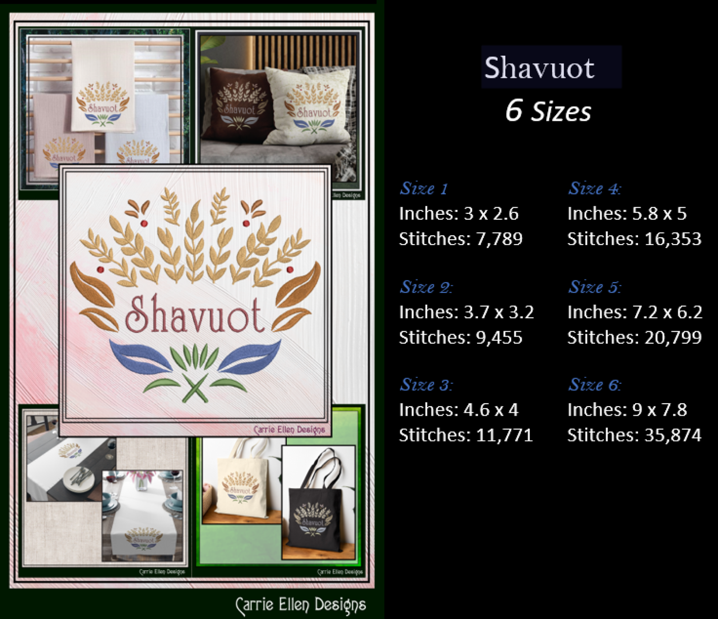 Shavuot Machine Embroidery Design | Jewish Holiday Floral Wheat Stitch File, 6 Sizes (4081)