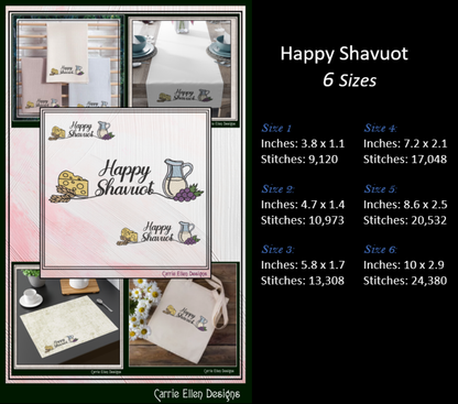 Happy Shavuot Machine Embroidery Design | Jewish Holiday Stitch File, 6 Sizes (4083)