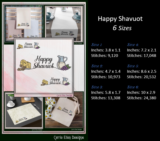 Happy Shavuot Machine Embroidery Design | Jewish Holiday Stitch File, 6 Sizes (4083)
