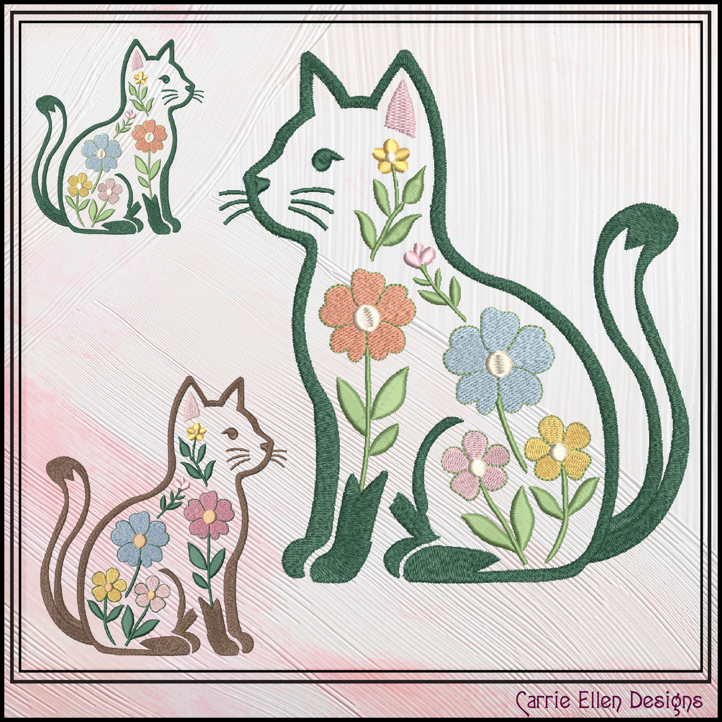 Embroidery design of cats with floral patterns on a textured background