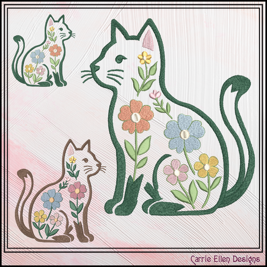 Embroidery design of cats with floral patterns on a textured background