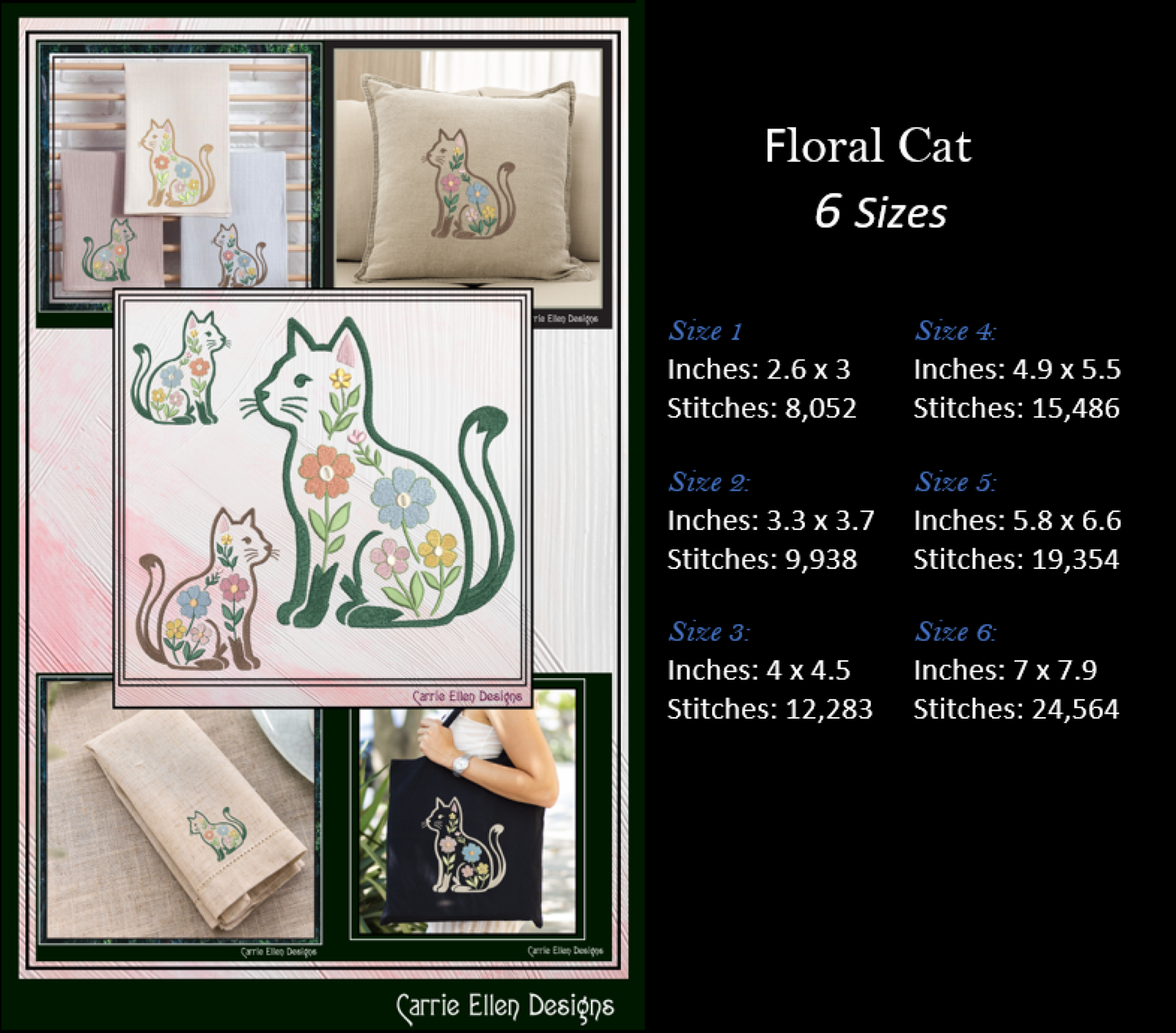 Floral cat embroidery design with size specifications and Carrie Ellen Designs branding.
