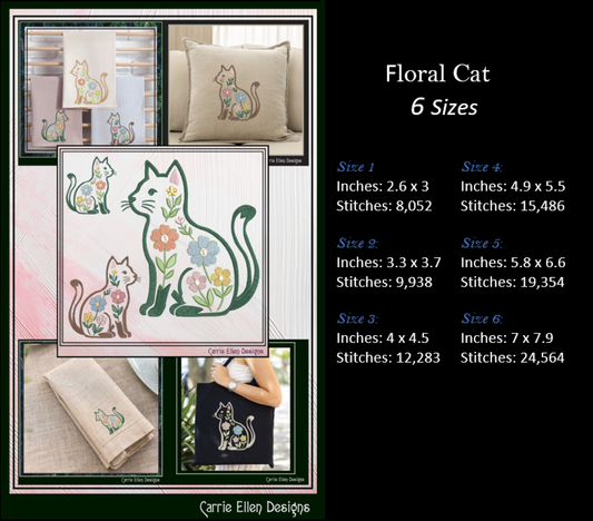 Floral cat embroidery design with size specifications and Carrie Ellen Designs branding.