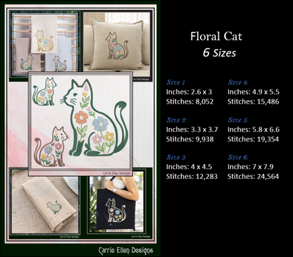 Floral cat embroidery design with size specifications and Carrie Ellen Designs branding.